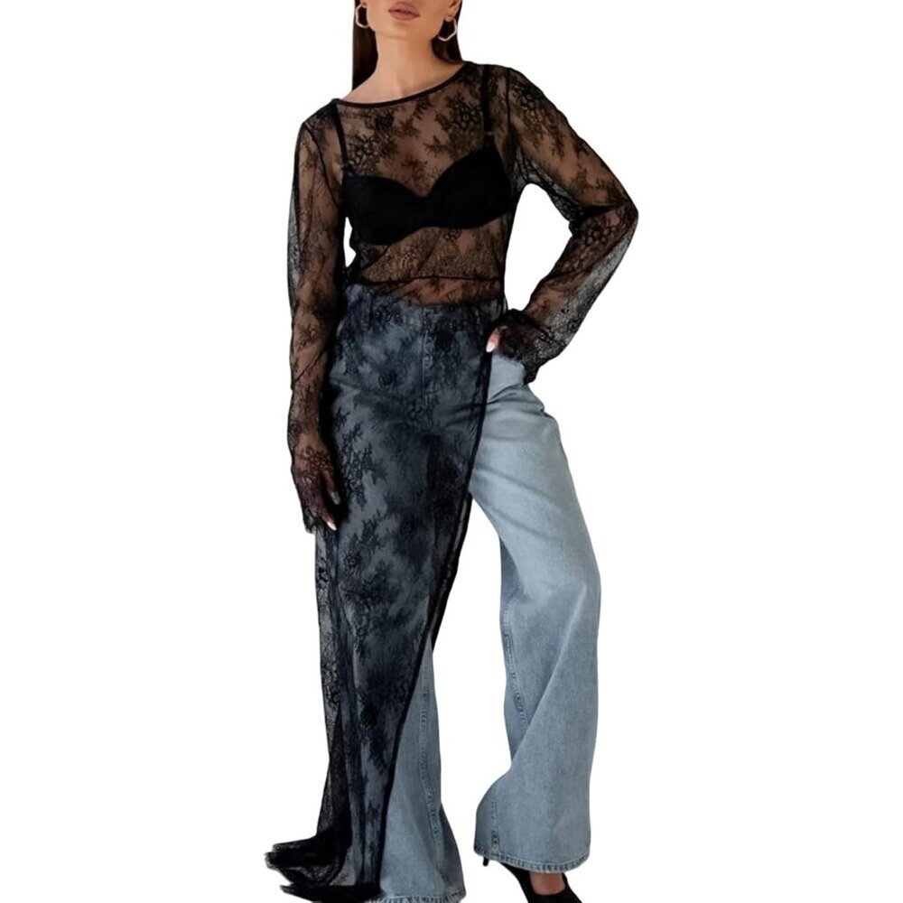 Women’s Mesh Long Sleeve Top Sheer Lace Shirt Crew Neck Party Streetwear